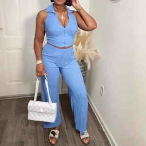 Summer Women's Sleeveless Top Pleat Casual <b>Pants</b> 2 Piece Set Fashion - Product Image 2