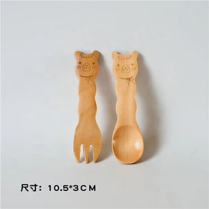 Cuillère à mesurer en bois pour enfants, motif animal mignon de dessin animé, fourchette et couteau durables et sains, petite taille - Product Image 4