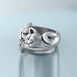 Squisito Anello Decorativo da Donna in Rame Placcato Argento a Forma di Gatto - Product Image 4