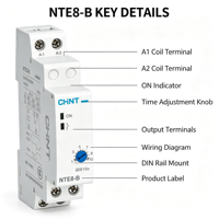 Relais temporisé CHINT NTE8 sur rail DIN, temporisation réglable de 0,1s à 480s, tension 5A AC/DC, modes de temporisation multiples, certifié CE, affichage LED