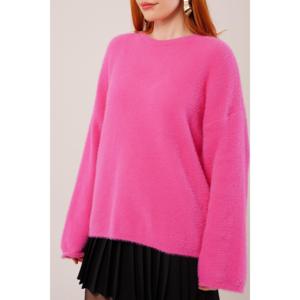 Pull en maille fuchsia moelleux pour femme, coupe ample, décontracté, manches longues, anti-boulochage - Product Image 6