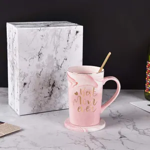 Disesuaikan hadiah Hari mewah merah muda marmer Mug keramik dengan Logo dan tutup cangkir kopi untuk hadiah ibu