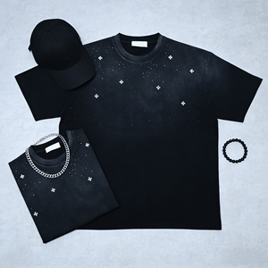 เสื้อยืดแขนสั้นผู้ชายสไตล์ฮิปฮอปแบบลำลอง ตกแต่งด้วยคริสตัล ล้างสีแบบแอซิดวอช ผ้าฝ้ายถัก 100% น้ำหนัก 240 กรัม ระบายอากาศได้ดี - Product Image 1