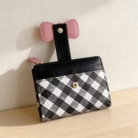 Portefeuille pour femmes en cuir PU à carreaux style Lolita Kawaii, avec nœud décoratif, mini porte-cartes de créateur, poche à monnaie zippée pour filles