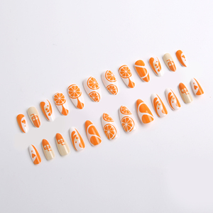 <span class=keywords><strong>Faux</strong></span> <span class=keywords><strong>Ongles</strong></span> Longs Amande Press-On Orange Frais d'Été 24 Pièces Réutilisables Blancs & Orange Motif Cœur Fruit pour Vacances et Usage Quotidien - Product Image 5