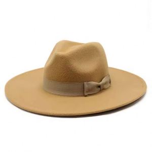 2024 New Trend 9.5cm Wide Brim Wholesale Women Fedora <b>Hats</b> With Matching Ribbon Bow Flat Fedora <b>Hat</b> - Product Image 3