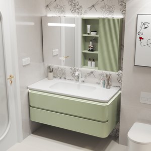 Mobile da <span class=keywords><strong>Bagno</strong></span> Moderno Stile Nordico <span class=keywords><strong>con</strong></span> Angoli Arrotondati, Montaggio a Parete, in Legno Massello, Doppio Cassetto e <span class=keywords><strong>Specchio</strong></span> - Product Image 3