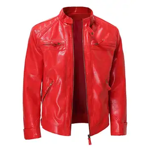 Rouge élégant PU cuir Punk hommes veste manteaux tendance discothèque col montant vêtements courts mâle Bomber moto Style vestes