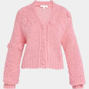 Cárdigan tejido a mano para mujer, modelo de diseñador personalizado, rosa, suéter suelto de manga larga, 2023