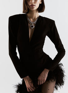 ชุดเดรสทรงเอคอวีแขนขนนกกระจอกเทศใหม่ของผู้หญิงชุดเดรสเซ็กซี่ทรงเอสำหรับงานปาร์ตี้ไนท์คลับหรูหราแฟชั่นตามสั่ง - Product Image 2