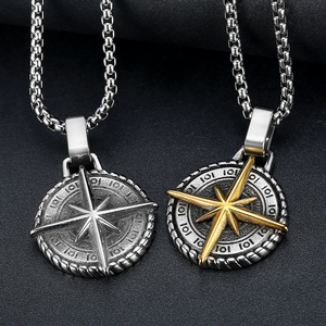 Collier pendentif rond en acier inoxydable de style cool, avec boussole étoile polaire, médaille, pendentif pirate <span class=keywords><strong>viking</strong></span> - Product Image 2