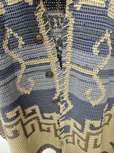 "Artisan Crafted Geometric Patterned Earth-Tone <b>Open</b> <b>Front</b> Knit Poncho with Intricate Detailing and Button Accents" - Product Image 4