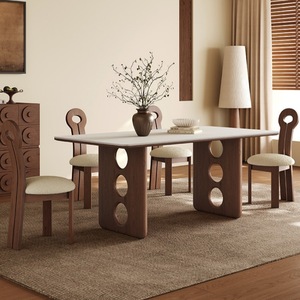 Table à manger rectangulaire en pierre de style vintage, en bois de noyer massif, meubles de salle à manger stables - Product Image 1