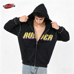 Customizable OEM Y2K Rhinestone Zip up <b>Hoodie</b> Streetwear Acid Wash Runner Print Oversized Vintage Full Zip Men Hoodies - Product Image 1