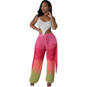 Pantalon décontracté pour femme en tricot color block avec franges crochetées à la main, coupe droite ample, tendance - Product Image 6