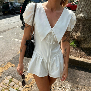 Mono corto de verano para mujer, blanco, con cuello en V, mangas abullonadas, cinturón, ecológico, transpirable, informal, para oficina y viajes - Product Image 2