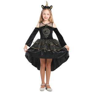 Costume da Unicorno per Bambini XJ per Halloween, Gonna Nera Vaporosa con Coda, Stile Gotico con Stampa, Costume da Gioco per Ragazze - Product Image 1