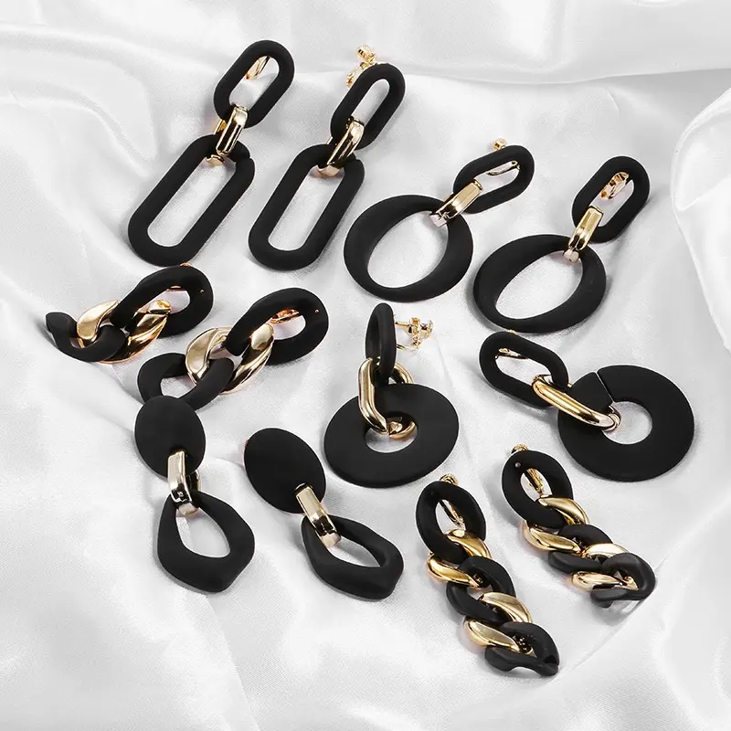Brincos pendurados foscos com desenho preto, brincos em forma de corrente longa, pingente de acrílico, clipe de orelha circular, moda multifacetada