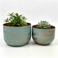 Set 2 Pot Tanaman Logam Turquoise Brushed Metal Vintage Distressed Bulat untuk Dekorasi Rumah dan Taman di Meja Dalam Ruangan