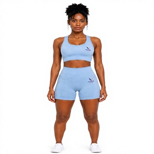 Victoria Sport Women's Light Blue Ribbed <b>Crop</b> <b>Top</b> & Shorts Set Scoop Neck Racerback Breathable Fitness Wear Medium <b>Support</b> - Product Image 1