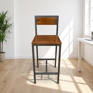 Chaise de bar industrielle moderne avec assise et dossier en bois, structure en métal, pour bar à domicile, cuisine, café, restaurant. - Product Image 1