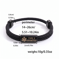 Bracelet pour diabétiques de type 2 en acier inoxydable noir gravé avec double cordon en nylon pour hommes et femmes