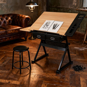 <span class=keywords><strong>Table</strong></span> à dessin réglable en hauteur en promotion avec 2 tiroirs de rangement et tabouret pour l'architecture et le dessin technique - Product Image 1