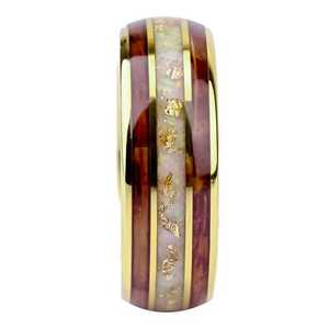 Lussuoso anello di tungsteno da 8mm placcato in oro 18K con opale australiano, lamina d'oro e intarsio in legno di Koa hawaiana, fede nuziale artigianale - Product Image 4