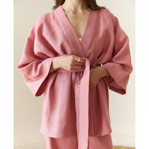 Timeless Fashion Lin Wrap Kimono Coord Set avec Poches Ceinture Longue Longueur Manches Courtes Style Japonais Tissé Taille Naturelle - Product Image 1