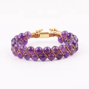 Natural Stone A Grade Amethyst Double Layer Beaded Braided Macrame Bracelet Beads With Custom Logo For Women JBS12569