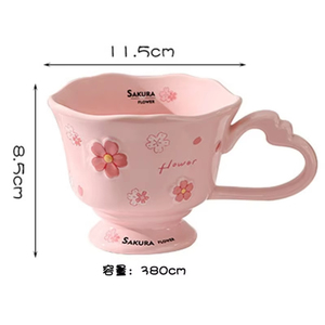 Sakura reliëf keramische mok met lepeltje, roze, schattig design met hoge voet, voor vrouwen, voor thuisgebruik, koffiemok, souvenir cadeau - Product Image 4