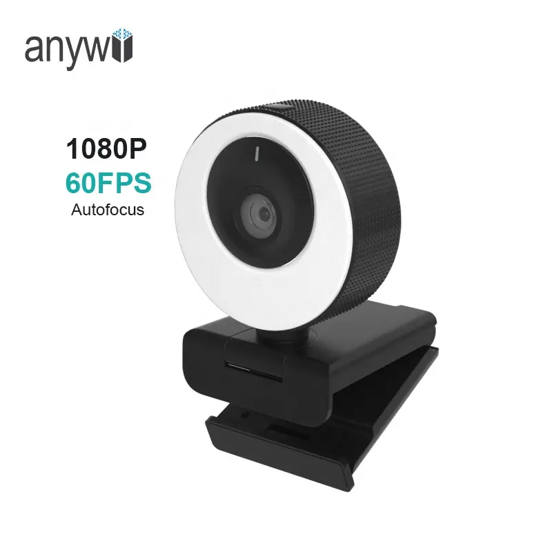 Anywii Venta caliente 1080p 60fps webcam anillo luz zoom lente webcam con micrófono Autofocus Web Camera