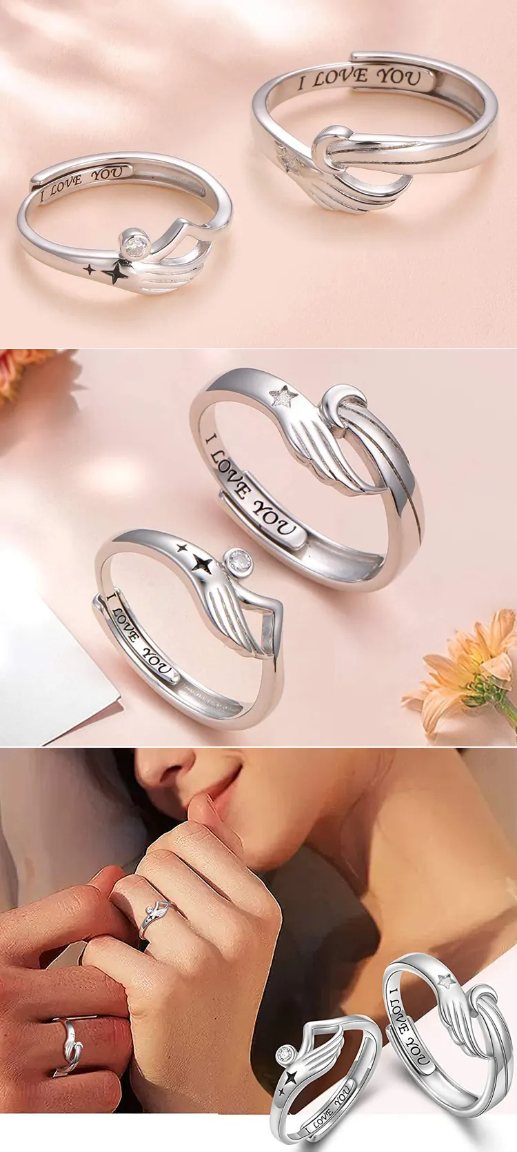personalized engraved star sun moon couple rings adjustable 925 sterling silver engagement wedding rings for couples