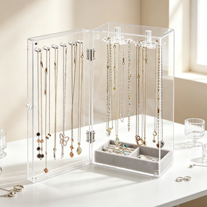 Clear Acrylic <b>Jewelry</b> <b>Storage</b> Box, Dustproof Necklace Holder with Hanging Hooks & Velvet Tray for Rings Bracelets Display - Product Image 5