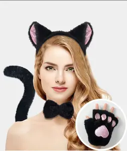 Kedi kulaklar hairband seti cosplay dekorasyon aksesuarları SM pençe eldiven kuyruk papyon kulak hairband üç renkli kedi seti