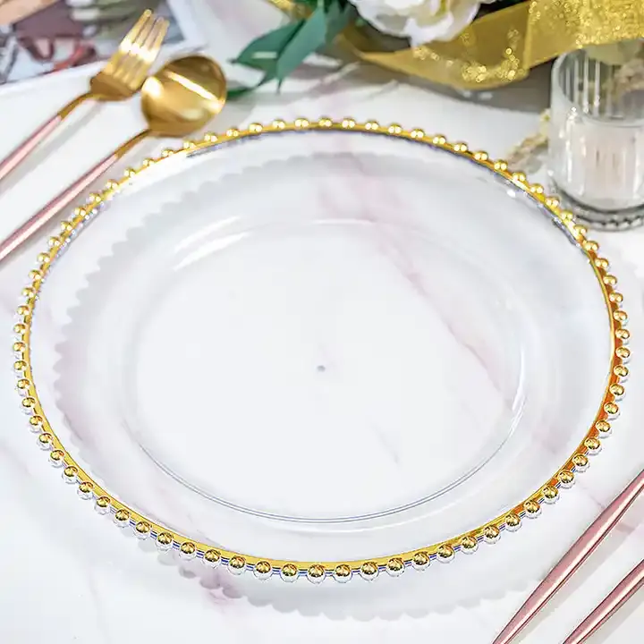 13 inch clear gold beaded charger plate chargers wedding dinner plate decorative ins golden plastic charger plates for party