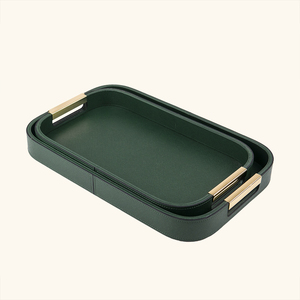 Ensemble de plateaux de service en bois et cuir PU, plateaux de rangement pour <span class=keywords><strong>garage</strong></span>, bar, vaisselle, décoration intérieure, personnalisable - Product Image 2
