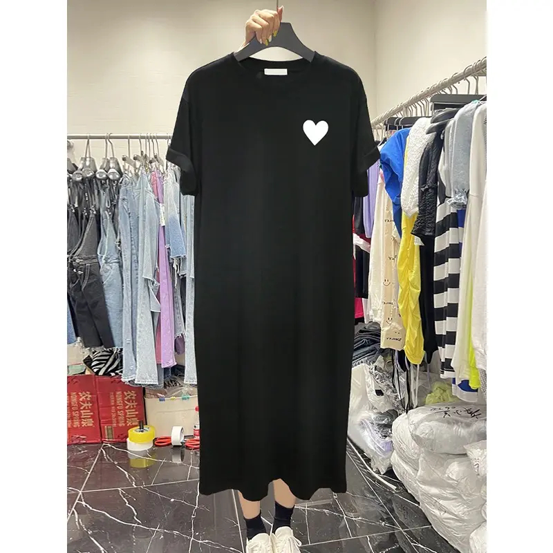 Summer Knitted T-shirt Dress Love Print Black T-shirt Dress Loose Oversized T-shirt Dress