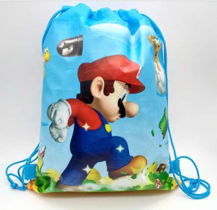 Mario Cartoon Pattern Drawstring Storage Backpack A-910 Birthday Party Bag with Cover Closure