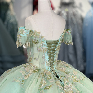 Robe de bal de princesse exquise Dy1512 verte pour Quinceañera, ornée de sequins, de perles et de volants, taille naturelle, traîne chapelle - Product Image 2