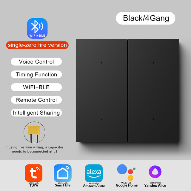 Smart WiFi 4-Gang Neutral Button Switch EU/UK Push Button Wall Light Switches Via Smart Life App Work with Alexa Google Home