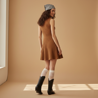 Gaun Rajut Tanpa Lengan Wanita, Atasan Jumper Bergaris Turtleneck & Rok Mini A-Line Mengembang, Sweater 12GG