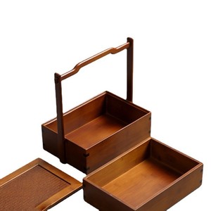 Boîte alimentaire en bois à double couche avec poignée, rectangulaire, empilable, pour pique-nique, camping, emballage général, 22,5 cm de haut - Product Image 5