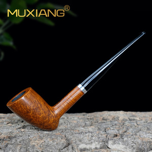 Muxiang Tobacco Pipe Italian Briarwood Bent Shape Silver Ring Long Stem Acorn Design - Product Image 3