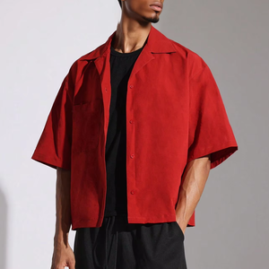 Camisa de lino para hombre Boxy Fit Crop Revere Collar Camisa de bolos de lino <span class=keywords><strong>en</strong></span> rojo Logotipo personalizado Bordado Tallas grandes Camisa abotonada para hombre - Product Image 1