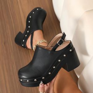 Sandales à plateforme tendance pour femmes, talon épais antidérapant, rivets noirs, <span class=keywords><strong>talons</strong></span> hauts augmentant la taille - Product Image 1