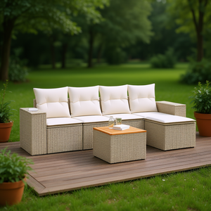Conjunto de Sofá de Jardín de Ratán Beige con Cojines, Muebles de Exterior de Diseño Contemporáneo, Ratán PE Resistente al Agua y a los Rayos UV - Product Image 2