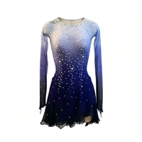 Robe de patinage artistique bleu-noir dégradé, manches longues en maille, dos ouvert croisé, jupe à strass pour adultes et enfants