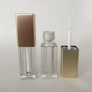 Tubo per lucidalabbra trasparente quadrato in plastica con logo personalizzato con tappo dorato, contenitore per lucidalabbra trasparente con coperchio dorato