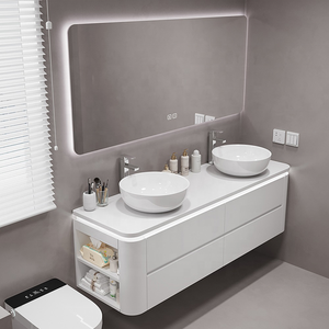 Moderno bagno <span class=keywords><strong>in</strong></span> <span class=keywords><strong>legno</strong></span> vanità doppio lavabo impermeabile bagno bancone lavabo lato armadietto bagno - Product Image 5